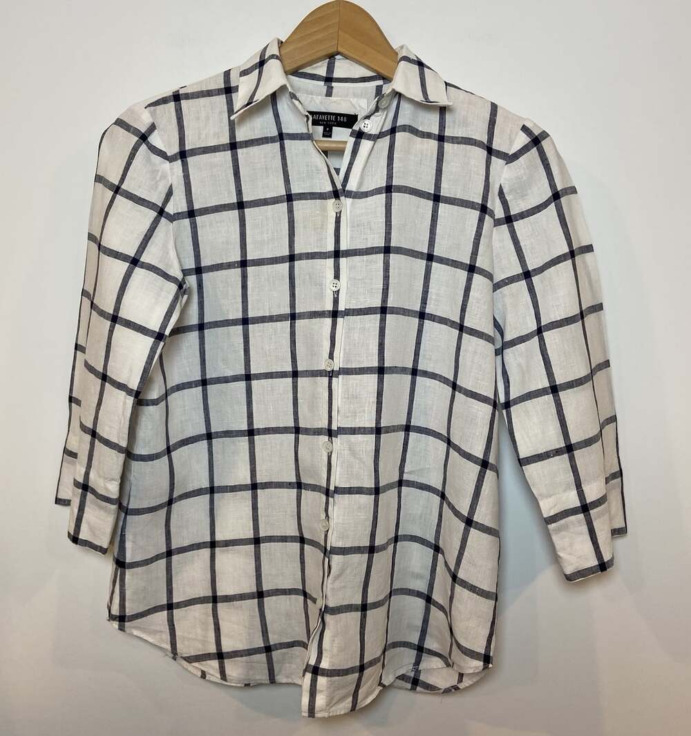 Lafayette 148 New York 100% Linen Blouse White Navy Blue Check Petite Small
